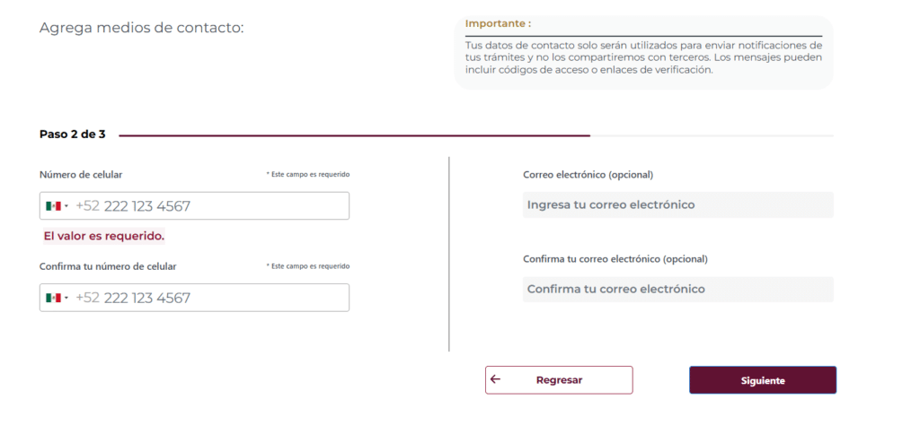 ingresar celular y correo eletronico para registro en llame mx